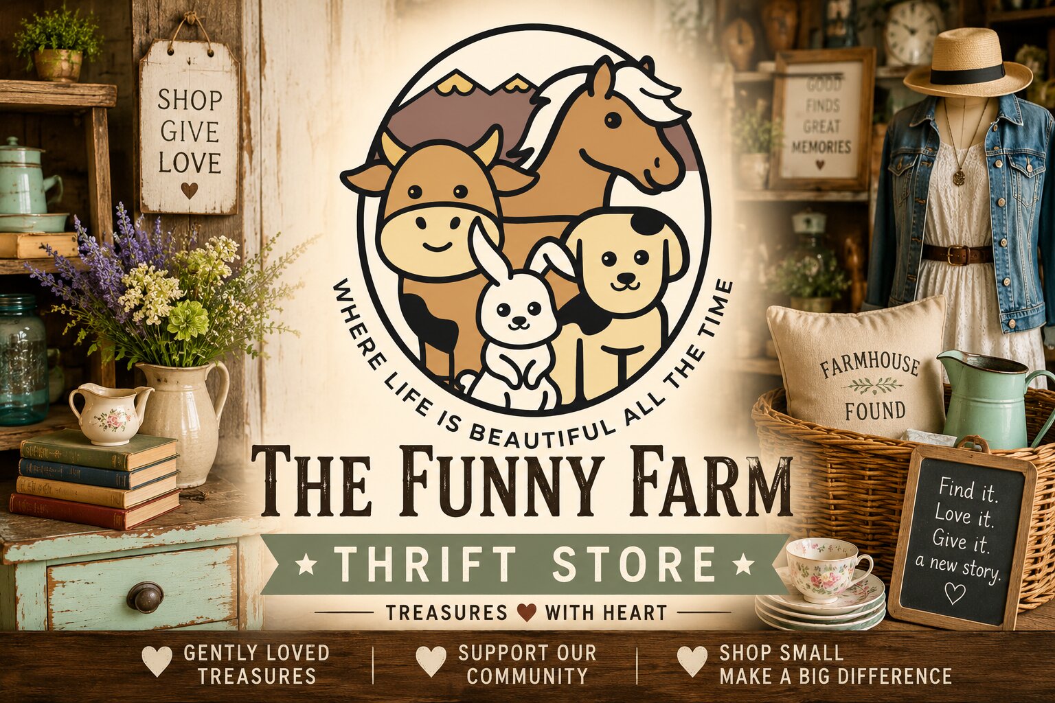 The Funny Farm Thrift Store: Where life is beautiful all the time. Shop, give, love. Treasures with heart.